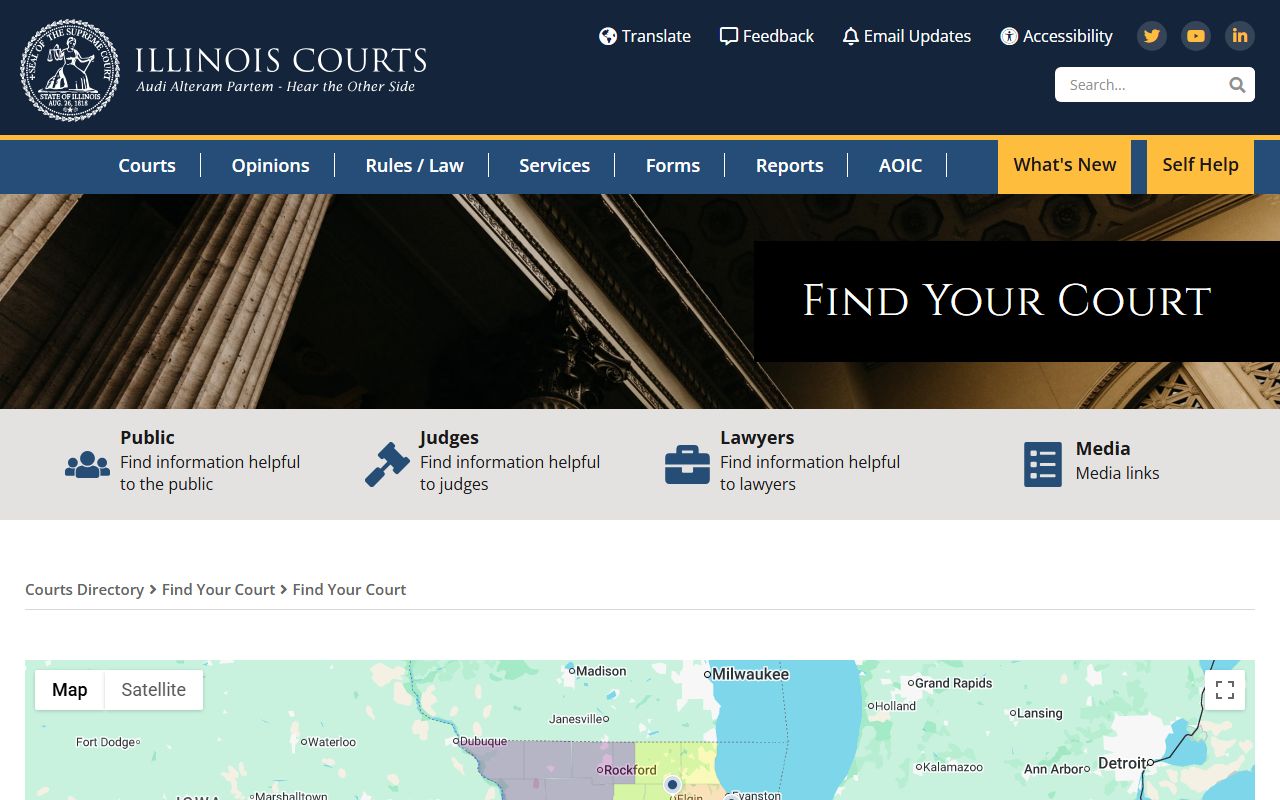 Find Your Court interactive map for locating Illinois court records by county