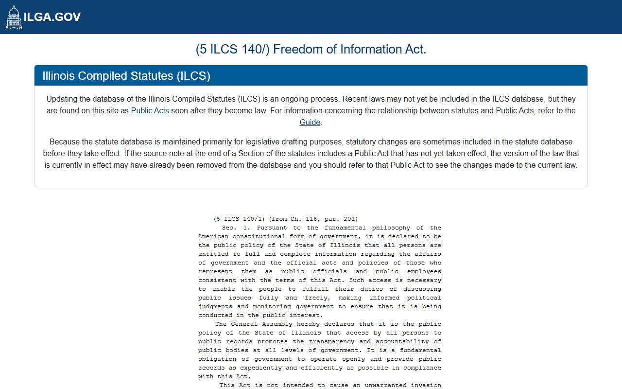 Illinois FOIA statute page showing the law covering public access to court records