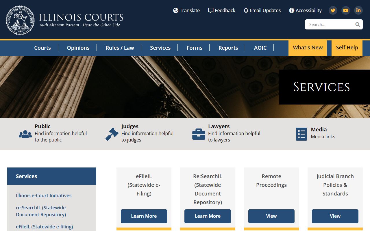 Illinois Courts services page for accessing Illinois court records electronically